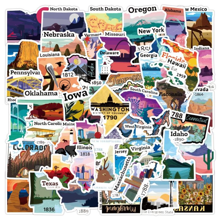50Pcs United States Travel City Map Stickers Waterproof Graffiti Decal ...