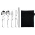 Travel Set with Mesh Bag 5pcs Stainless Steel Cutlery Spoon Fork Chopsticks Knife Set Tableware Dinnerware Portable Home Camping.