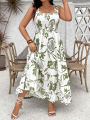 Plus Size 2025 Summer New Holiday Floral Halter Dress with Ruffle Hem and Gathered Bust Plus Size Dress Polyester. 