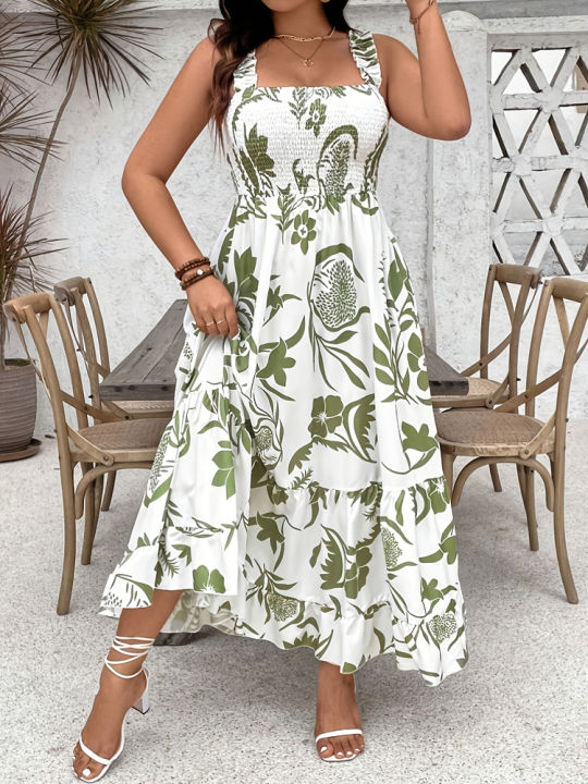 Plus%20Size%202025%20Summer%20New%20Holiday%20Floral%20Halter%20Dress%20with%20Ruffle%20Hem%20and%20Gathered%20Bust%20Plus%20Size%20Dress%20Polyester%20-%20Image%204