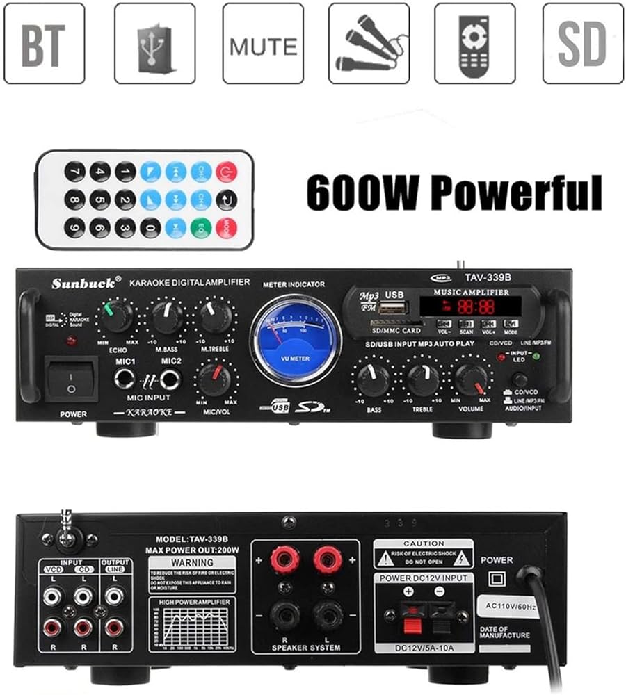 AMEERR Amplifier car audio 600W blue-too-th Power Stereo Amplifier HIFI VU Meter FM 2CH USB SD Karaoke Home Amplifiers Theater Digital Amp Car Audio See less