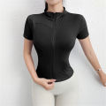 Women Summer Slim Yoga Tops Stand Collar Full Zipper Short Sleeves Shirts Solid Workout Clothes Gym Running Coats Lady Casual. 