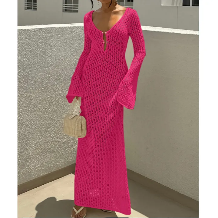 New%20Style%20Knitting%20Hollow%20Out%20V-Neck%20Long%20Sleeve%20Dress%20Ladies%20Beach%20Holiday%20Backless%20Bikini%20Cover-Ups%20Sunscreen%20Long%20Dress%20-%20Image%206
