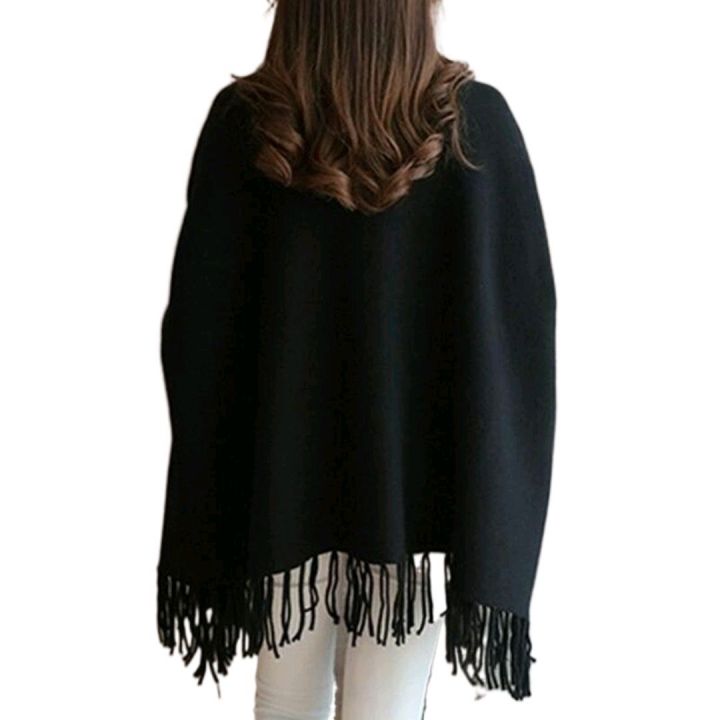 Women Poncho Coat Solid Elegant Pullover Female Jumper Irregular Tassel