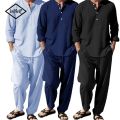 New Long Sleeve Henley Shirt Pants Suit Men Lightweight Breathable Streetwear Solid Color Business Button Polo Shirts Long Pants. 