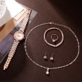 6pcs Jewelry Set Rose Gold Luxury Watch Women Ring Necklace Earring Rhinestone Fashion Wristwatch Casual Ladies Watches. 