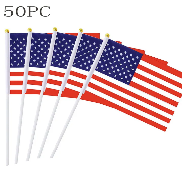 50pc USA Stick Flag, American US 14x21cm HandHeld Mini Flag ensign 30cm Pole United States Hand Held Stick Flags banner In Stock