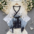 Kimono Chinese Characters Print Slightly Transparent One Piece Bathrobe Loose Sleeves Causal Top And Shorts Two-Piece Set.