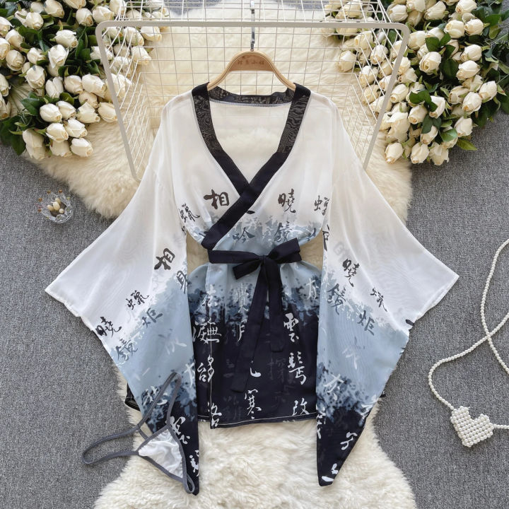 %20Kimono%20Chinese%20Characters%20Print%20Slightly%20Transparent%20One%20Piece%20Bathrobe%20Loose%20Sleeves%20Causal%20Top%20And%20Shorts%20Two-Piece%20Set%20-%20Image%202