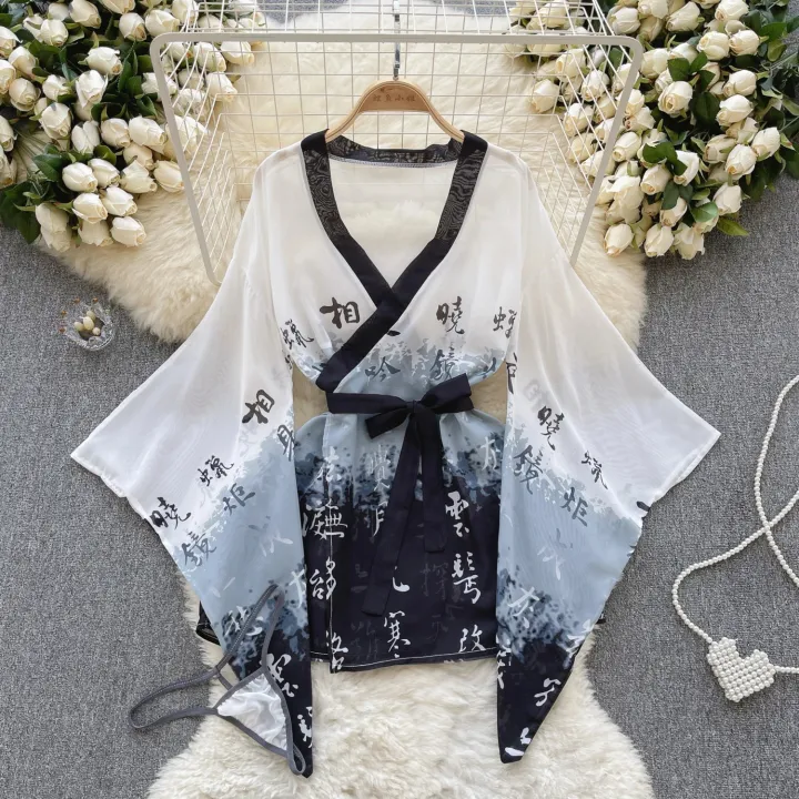 %20Kimono%20Chinese%20Characters%20Print%20Slightly%20Transparent%20One%20Piece%20Bathrobe%20Loose%20Sleeves%20Causal%20Top%20And%20Shorts%20Two-Piece%20Set%20-%20Image%202