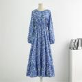 Spring Autumn Women Chiffon Dresses Casual Floral Printed Bark Crinkling Long Dresses O-neck Long Sleeve Loose Muslim Maxi Dress.