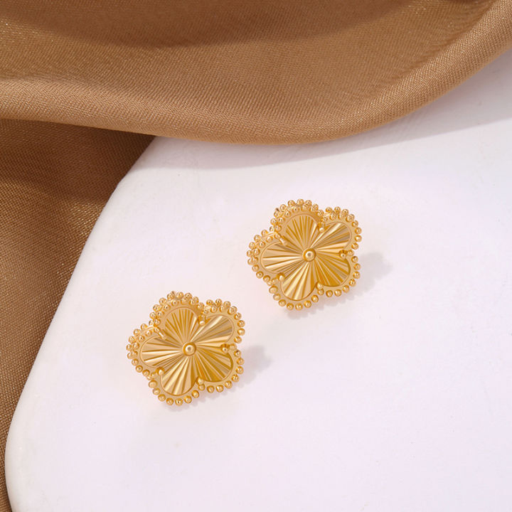 High Quality Stainless Steel Golden Five Leaf Flower Stud Earrings for Women Girls Fashion Waterproof Lucky Clover Jewelry Gifts