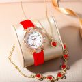 6 PCS New Lxury Love Rhinestone Jewelry Ladies Ring Necklace Earrings Bracelet Set Simple Digital Leather Strap Quartz Watch. 