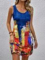 Large size European and American women's top vest printed sleeveless V-neck shirt casual fashion dress. 