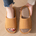 Women Spring and Autumn Slippers Fashion Stripe Flax Indoor Non-slip Comfy Soft Sole Couple Bedroom Causal Flat Shoes. 