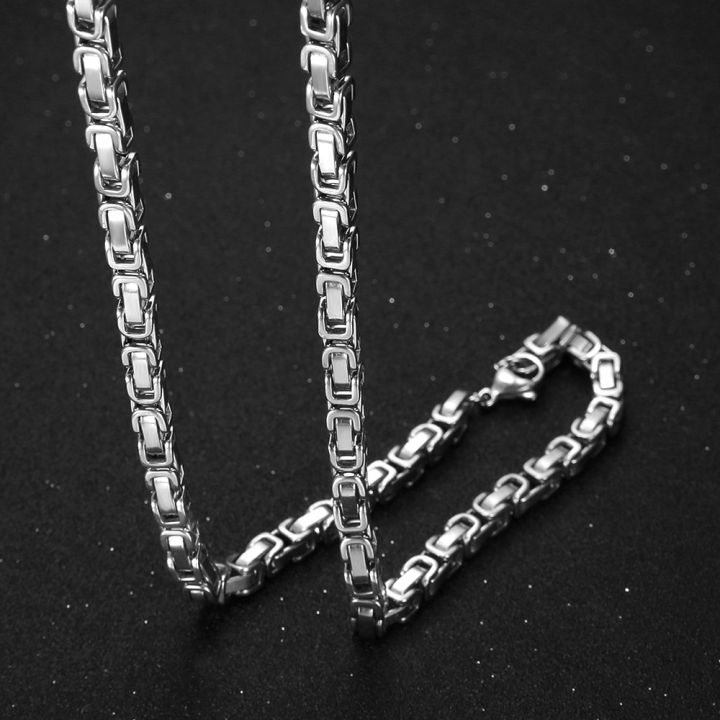 thumbnail image 2 of Men's 5mm Stainless Steel Byzantine Box Chain Necklace – Silver Color (18-30 Inches) 2 of 5