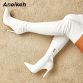 Aneikeh White Over-the-Knee Side Zipper Slip-On Pointed Toe Shoes NEW Fashion Striped Thin Heels Ladies Boots 2025 Spring.