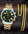 3 Pcs /Mens Fashion Golden Jewelry Deal Top class Casual  Watch + Braclet+Nacklace For Men/Boys Trendy Watch In Random Dial Designs. 