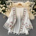 Summer Women's Shirt Bohemian Holiday Style Embroidered Tassel Chiffon Cardigan New Waist Female Slim Short Tops.
