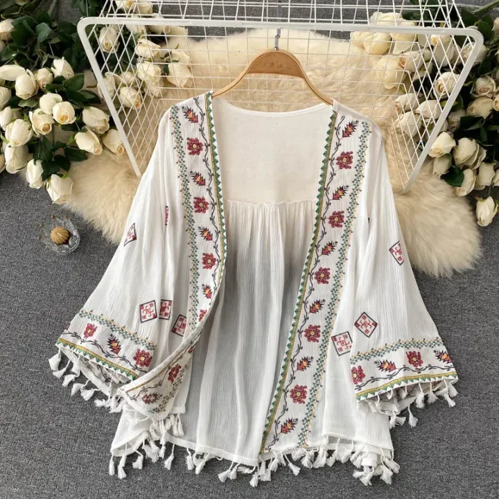 Summer%20Women's%20Shirt%20Bohemian%20Holiday%20Style%20Embroidered%20Tassel%20Chiffon%20Cardigan%20New%20Waist%20Female%20Slim%20Short%20Tops%20-%20Image%202