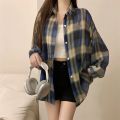 Tops Women Sheer Chiffon Plaid Shirt Long Sleeve Button Up Collared Oversize Checked Shirts and Blouse Summer Casual Outfit.