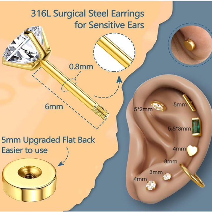 2Pcs%2014K%20Gold%20Plated%20Flat%20Back%20Stud%20Earrings%20for%20Women,%20Hypoallergenic%20Stainless%20Steel%20Screw%20Back%20Cartigale%20Conch%20Helix%20Earrings%20-%20Image%203