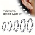5 Pcs Men's Simple Stainless Steel Hoop Earrings, Unisex Earrings, Cartilage Piercings Jewelry. 