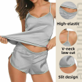 Women Sexy Ice Silky Pajamas Nightclothes Sleepwear Camisole And Shorts White Black Gray L XL XXL Comfortable Casual Summer.