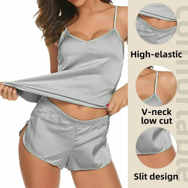 Women%20Sexy%20Ice%20Silky%20Pajamas%20Nightclothes%20Sleepwear%20Camisole%20And%20Shorts%20White%20Black%20Gray%20L%20XL%20XXL%20Comfortable%20Casual%20Summer%20-%20Image%203