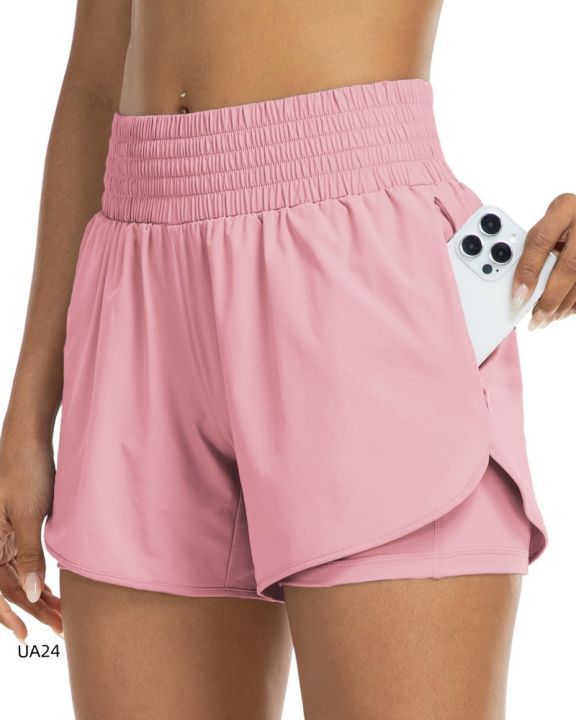 Women's 2-in-1 Running Shorts High Waisted Athletic Shorts for Gym Yoga Double Layer Workout Shorts with Side Pockets