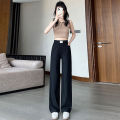 Thin Denim Trousers Letter Elastic Waist Pockets Casual Straight Wide Leg Long Pants Woman Clothing Summer High Street Blue New. 