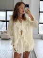 2025 Summer Fashion New Women's Elegant Shorts Set with Ruffle Edge Temperament Casual Sports Tie Up Two-piece Set. 