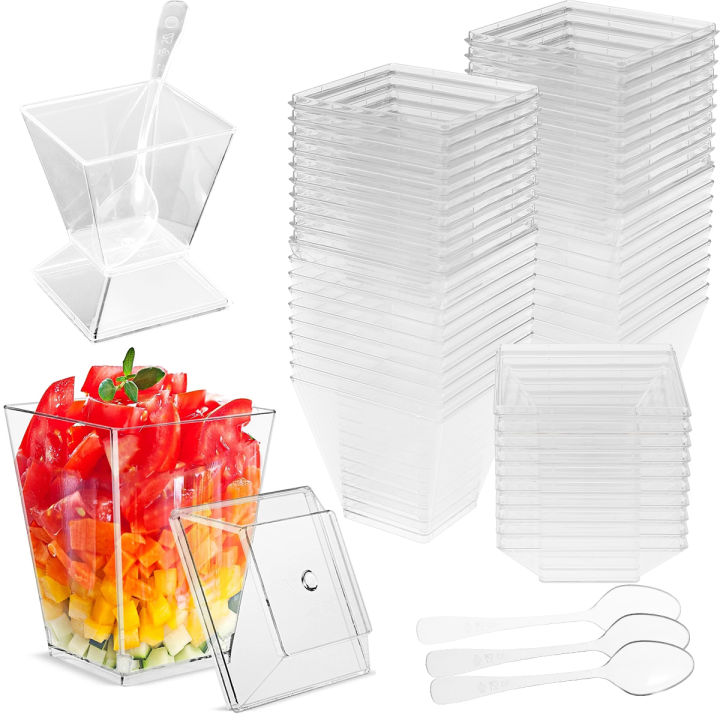 50Pcs Dessert Cup with Lid Spoon Clear Plastic 2oz/60ml Mini Dessert Pot Disposable Cups for Dessert Pudding Mousse Yogurt Snack