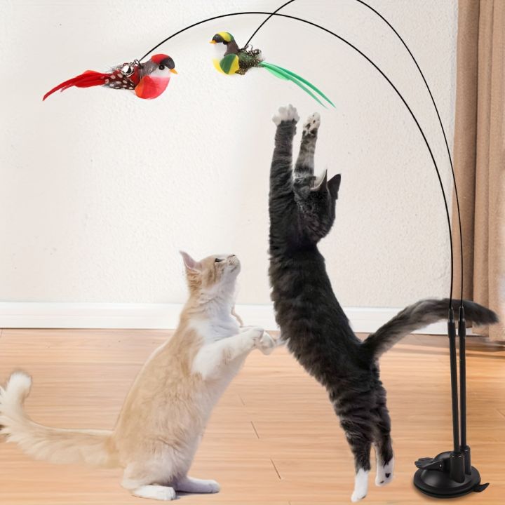 Interactive Cat Teaser Wand Set with Realistic Birds- Handfree Long Pole&Double Rod, Bell And Strong Suction Cup for Active Play