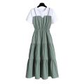 2024 Fashion Strap Fake Two piece Dress Block Summer Short sleeved Dress Women's Waist Tight Dress. 