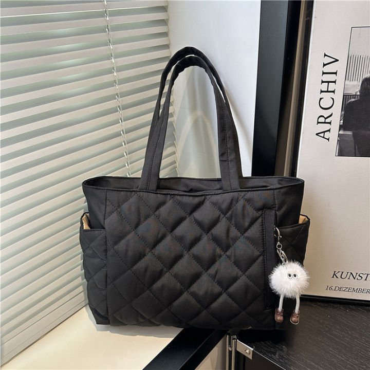 Multi Pocket Women Mailman Bag Diamond Patterned Cotton Clothing Shoulder Bag Large Capacity Tote Bag Casual Nylon Shoulder Bag