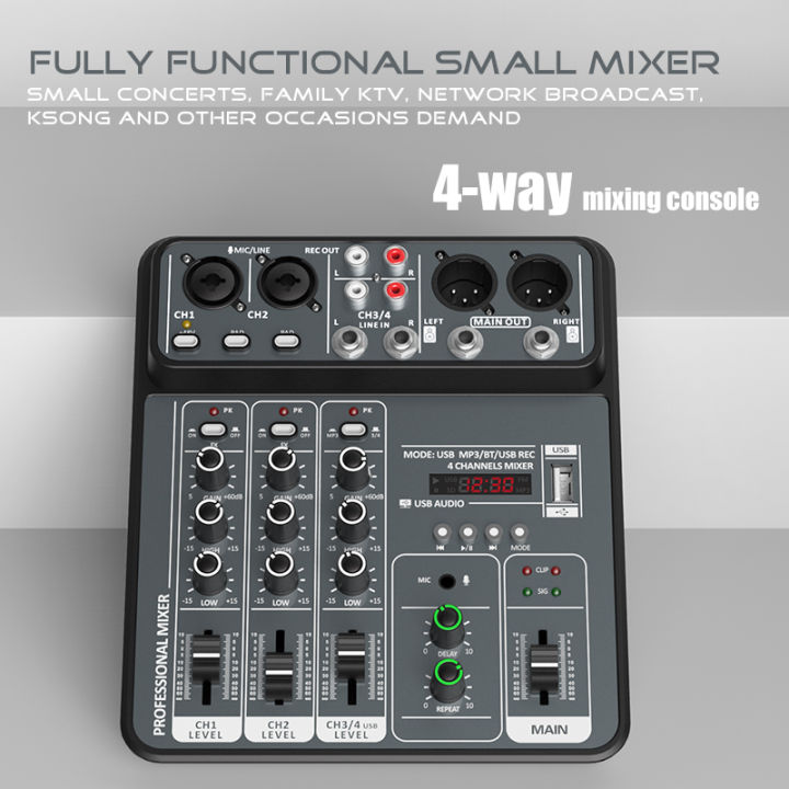 4-channel audio mixer, 48V phantom power, USB studio mixer, Bluetooth DJ mixing console, karaoke music Audio mixer