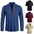 Men's retro tie copper hole beaded shirt, medieval Viking hippie style long-sleeved top, Halloween costume, role-playing costume.