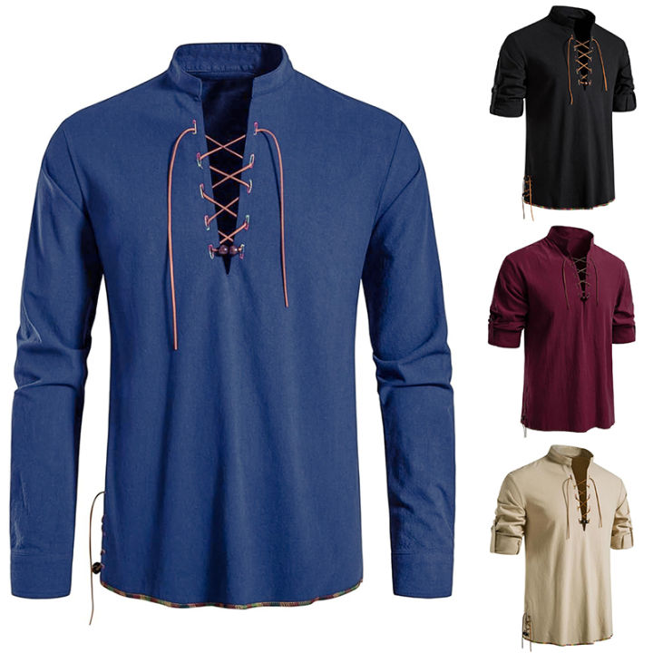 Men's retro tie copper hole beaded shirt, medieval Viking hippie style long-sleeved top, Halloween costume, role-playing costume