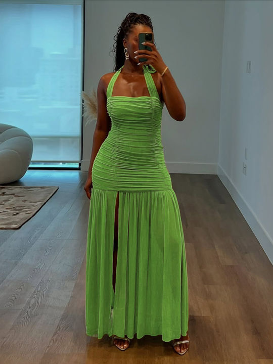 Nibber%20See%20Through%20Hem%20Dress%20Women%20Ruched%20Halter%20Summer%20Trend%20Sleeveless%20Backless%20Patchwork%20Midnight%20Clubwear%20Party%20Maxi%20Bodycon%20-%20Image%205