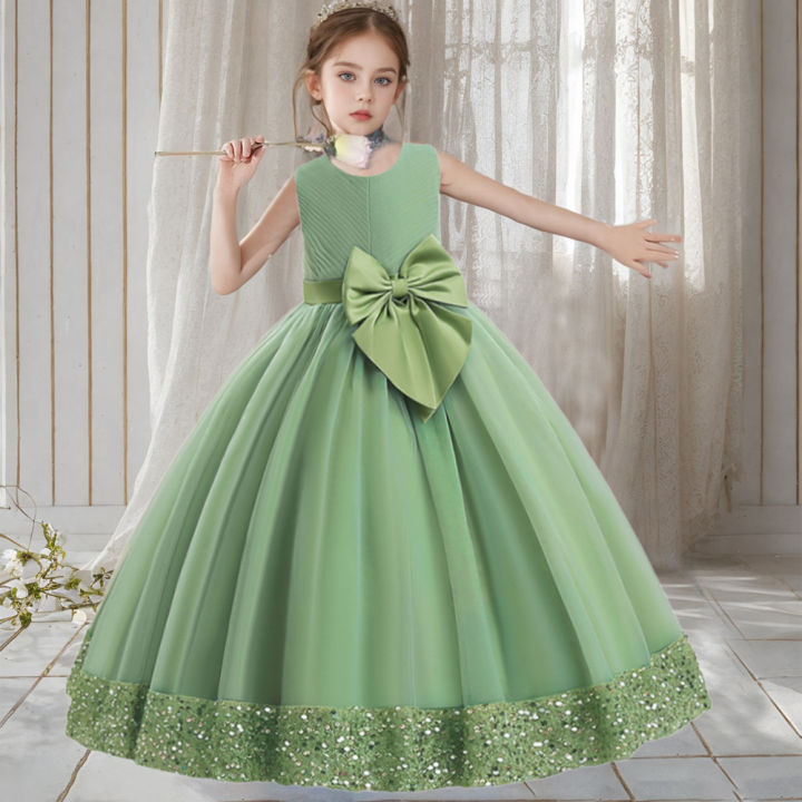 Teen Girls Luxury Big Bow Evening Gown Wedding Bridesmaid Party Dress For Girl Kids Sequin Princess Birthday Dresses Summer Wear