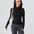 Stand-up collar sports jacket for women slimming versatile fitness wear elastic tight long-sleeved yoga wear cardigan top. 