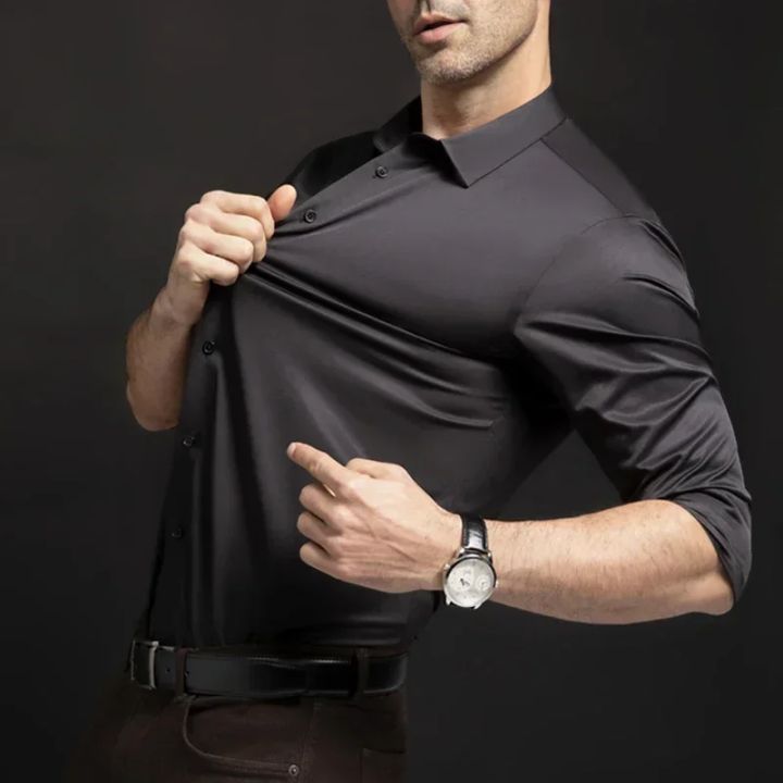 New elastic long sleeved shirt for men's fashion, business, leisure, solid color  non ironing, professional men's white shirt