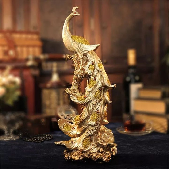Home And Office Decoration, Antique Peacock Statue Decor, Golden Peacock, Porcelain Material, Exquisite Showpiece