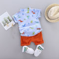 2PCS Baby Set Summer Fashion Dinosaur Random Print Standing Neck Shirt Short Sleeve Shorts Set. 