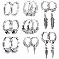 1pair Simple Punk Style Stainless Steel Viking Round Circle Cone Feather Totem Huggie Hoop Earrings for Men Women Ear Jewelry. 