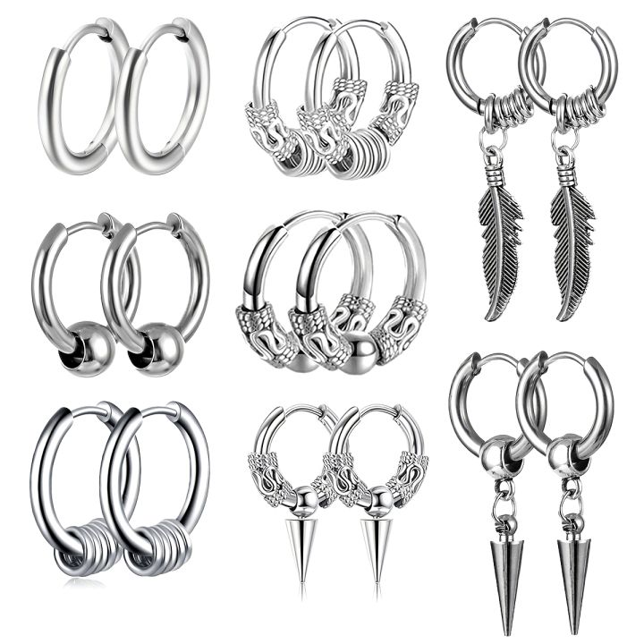 1pair Simple Punk Style Stainless Steel Viking Round Circle Cone Feather Totem Huggie Hoop Earrings for Men Women Ear Jewelry