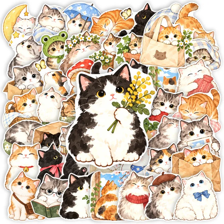 10/30/50pcs Cartoon Funny Watercolor Cat Stickers Decals DIY ...