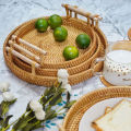 Rattan Tray Round Storage Basket Tray With Wooden Handle Bread Fruit Cake Food Plate Serving Tray for Home kitchen. 