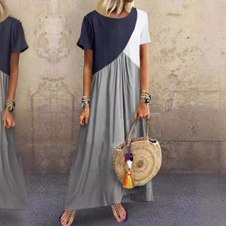 Women%20Dresses%20Long%20Maxi%20Dresses%20for%20women%20Vestidos%20Casual%20Dress%20Beach%20Patchwork%20Color%20Short%20Sleeve%20Loose%20Casual%20Plus%20Size%20Dress%20-%20Image%203